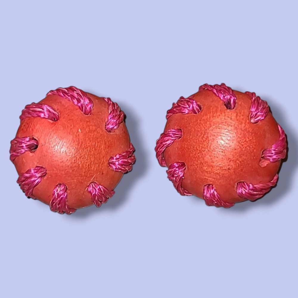 Vintage Bright Orange & Pink Wood Button Style Clip-on Earrings
